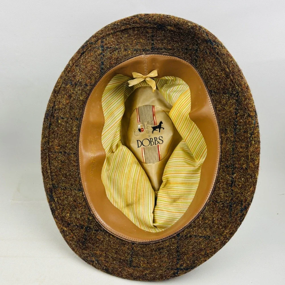 Vintage Dobbs Tweed Trilby Hat Mens 7 1/4 Brown Wool Feather Woollens Britain